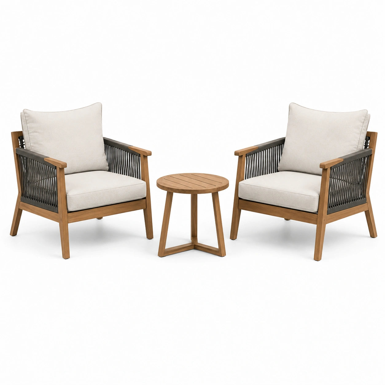 Set da giardino 3 pezzi con 2 poltrone 72 × 78 × 82 cm e tavolino Ø 55 × 48 cm, marrone naturale, antracite e bianco crema