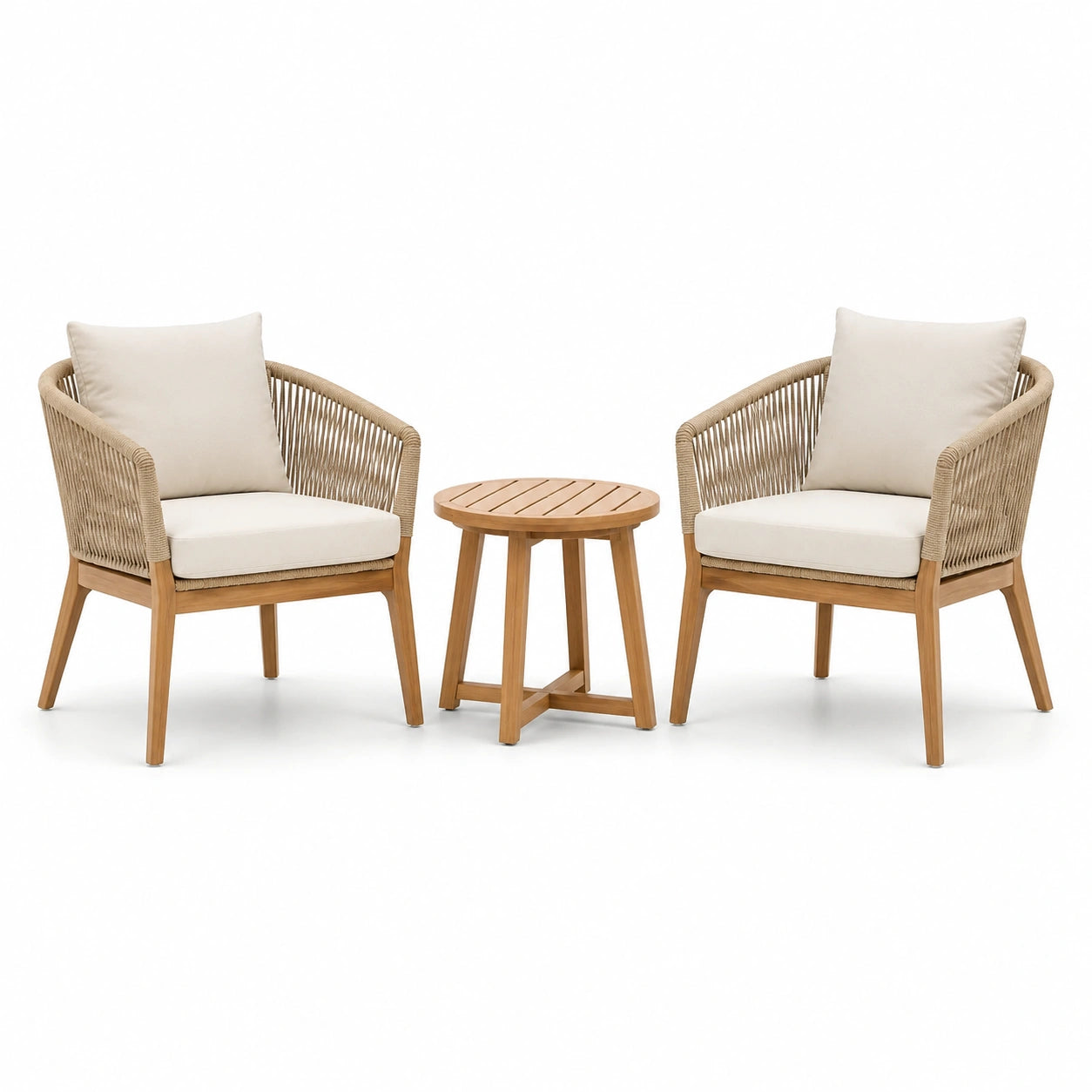 Set da giardino 3 pezzi con 2 poltrone 70 × 74 × 82 cm e tavolino rotondo 50 × 48 cm, legno e corda beige